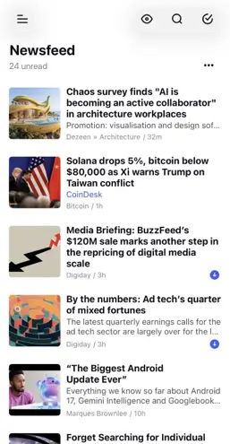 The Inoreader app on an iPhone, showing a list of articles