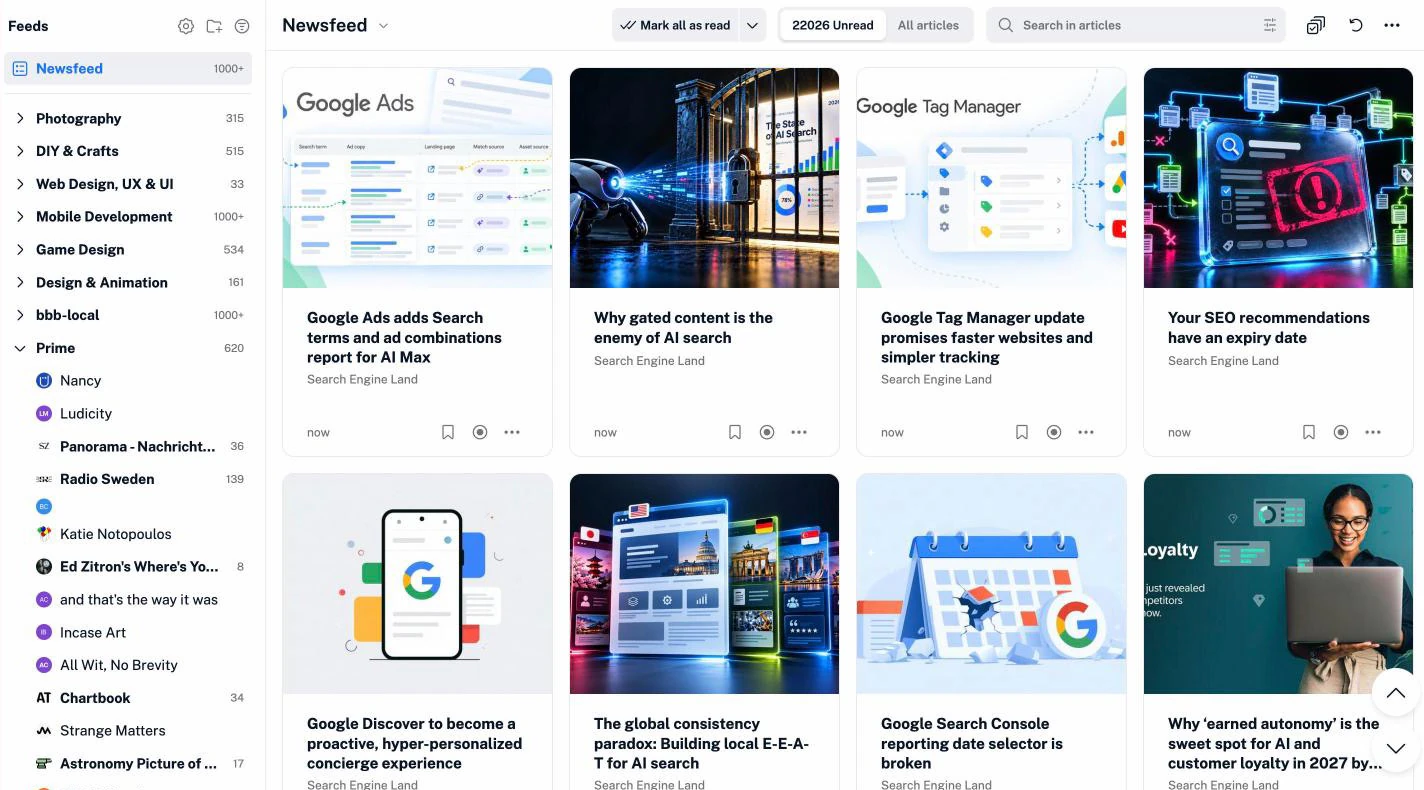 The Newsfeed in Inoreader, with folders of feeds in the sidebar and new articles shown as cards
