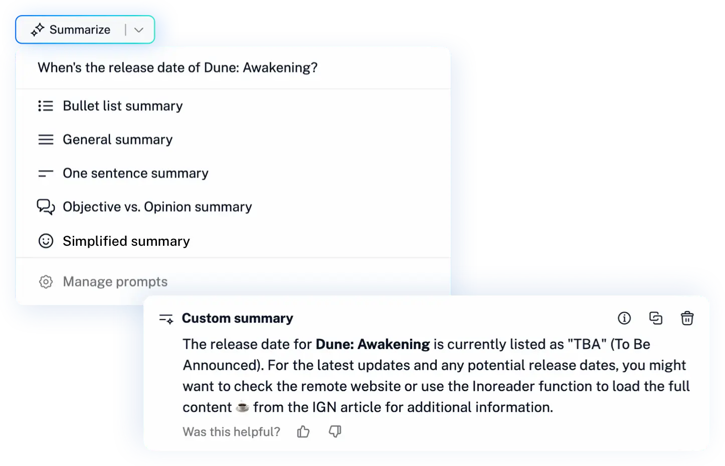 The Summarize menu in Inoreader with its summary prompts, a question about the article and the answer
