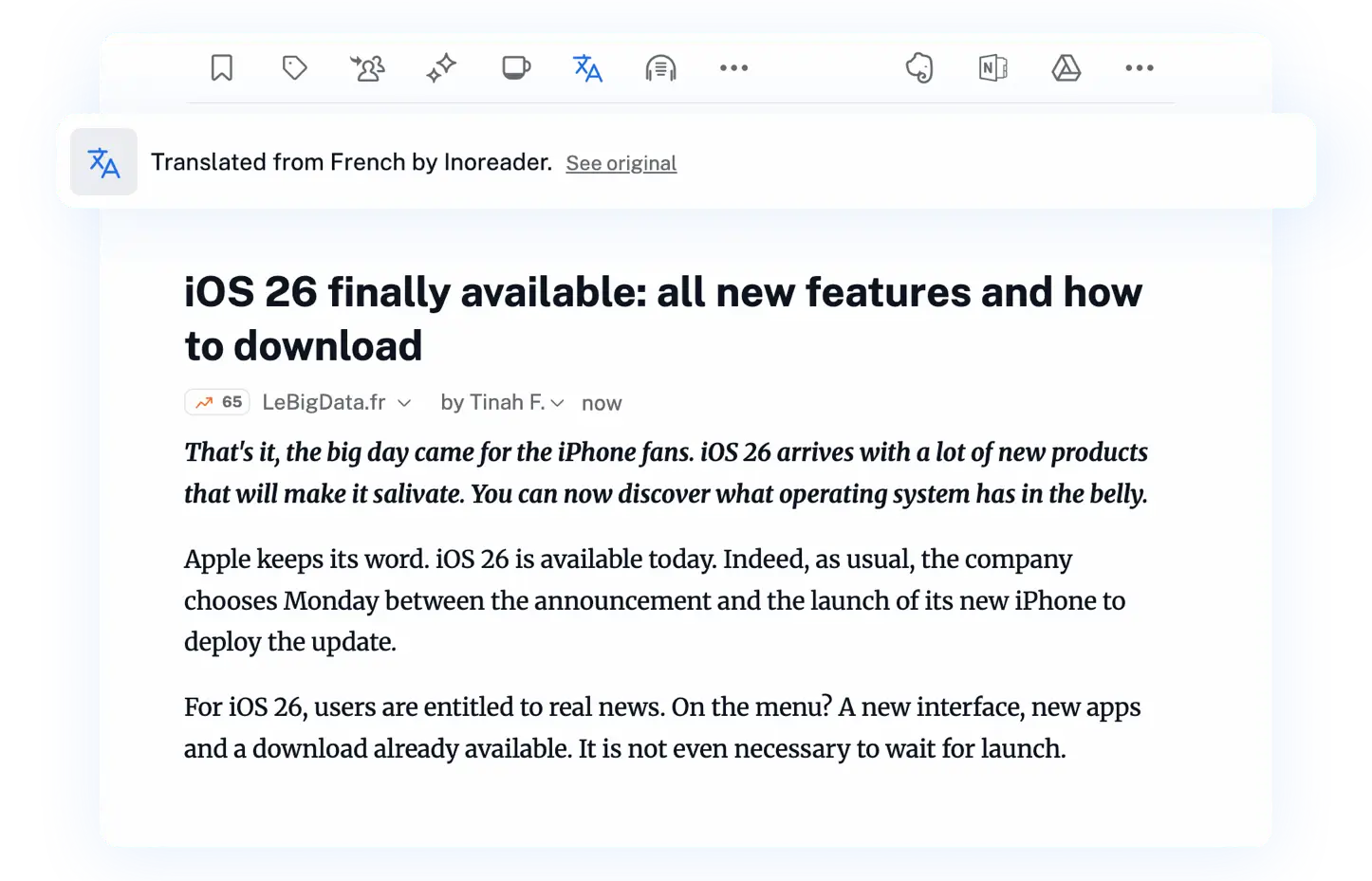 An article translated in place in Inoreader